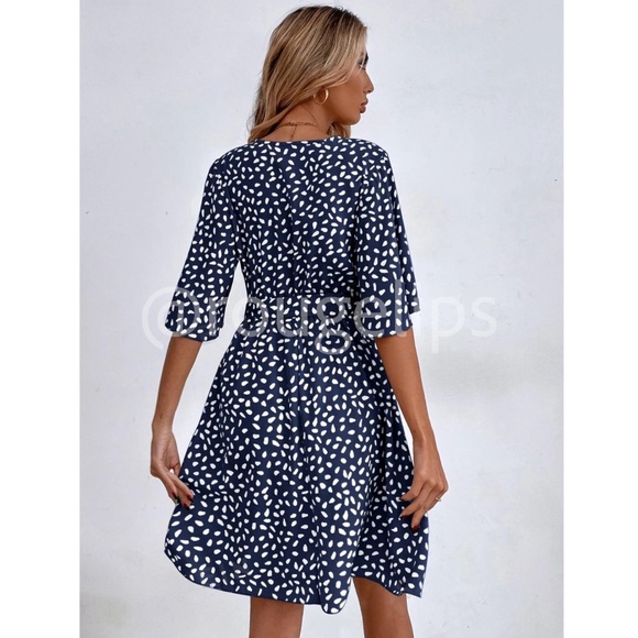 Navy Blue All Over Print Dress White Dalmatian, Spotted Faux Wrap, Tie Belt - Picture 4 of 8